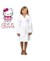 Cute Cat Cartoon Design & Custom Name Embroidery on Kids Hooded Bathrobe